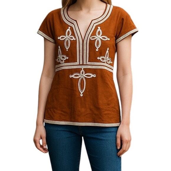 Trina Turk Rust Brown Cream Embroidered California Bohemian Tunic Style Blouse L - Picture 1 of 9